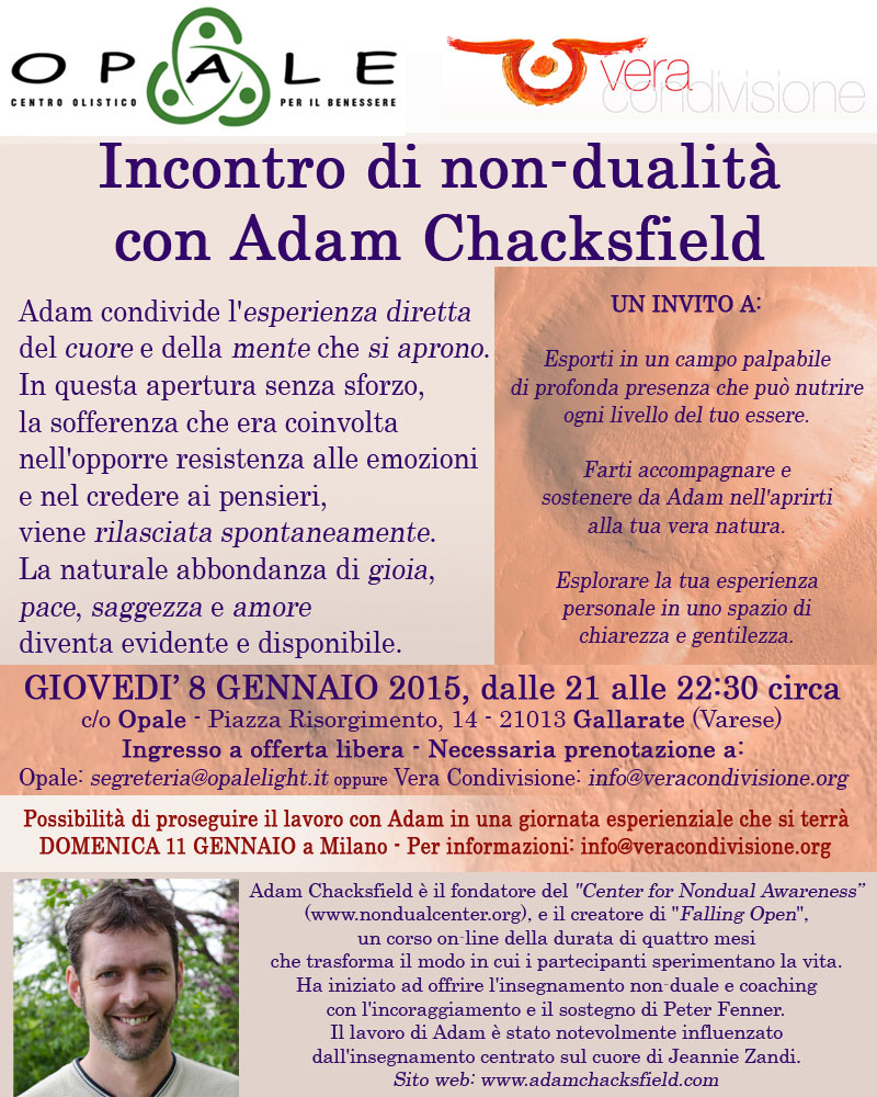 Locandina della Serata Evento con Adam Chacksfield: Incontro di non dualità